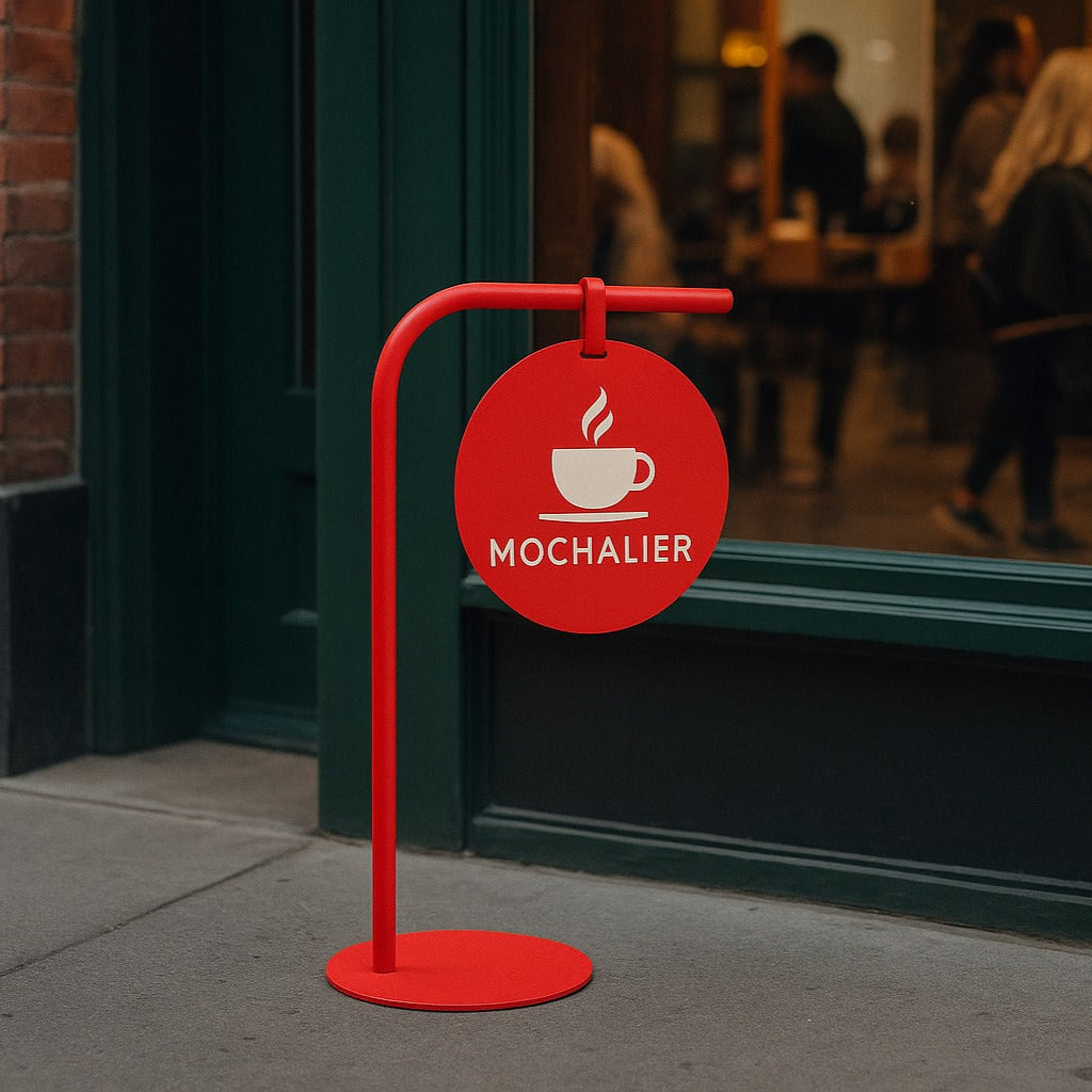 Red sign with a coffee cup icon and 'Mochalier' text in front of a cafe entrance.