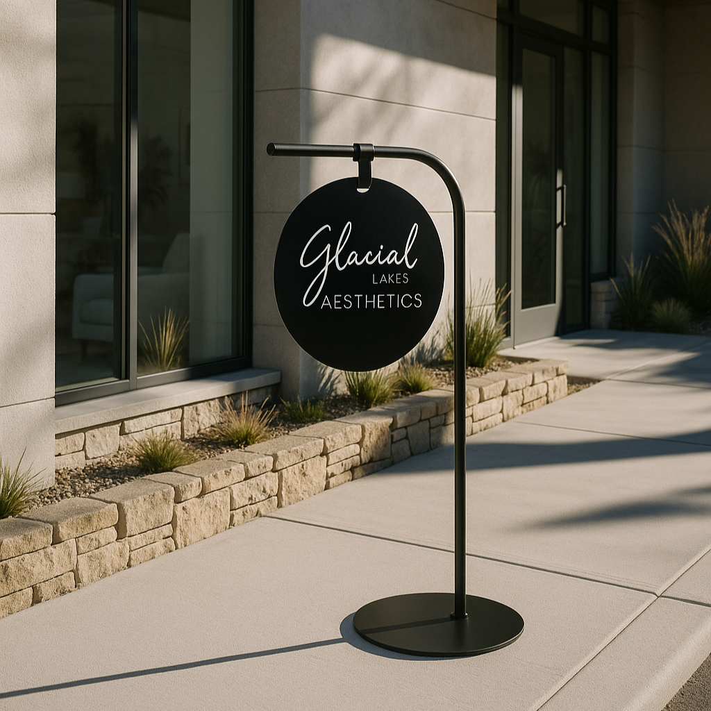 Outdoor sign for 'Glacial Lakes Aesthetics' in front of a modern building.
