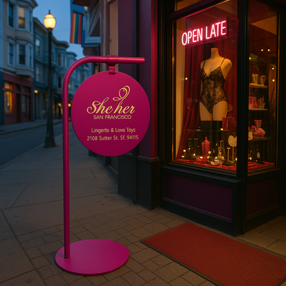 Pink sign for 'She/her San Francisco' store with mannequin in window display.