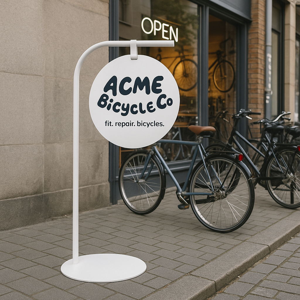 White sign with 'ACME Bicycle Co' on a stand in front of a bicycle shop.