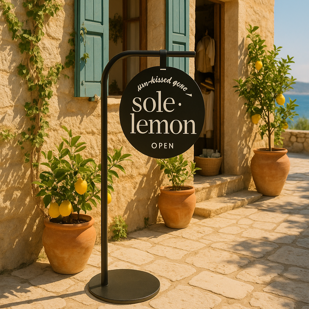 Sole Lemon sign in front of a stone building with green shutters and potted plants.
