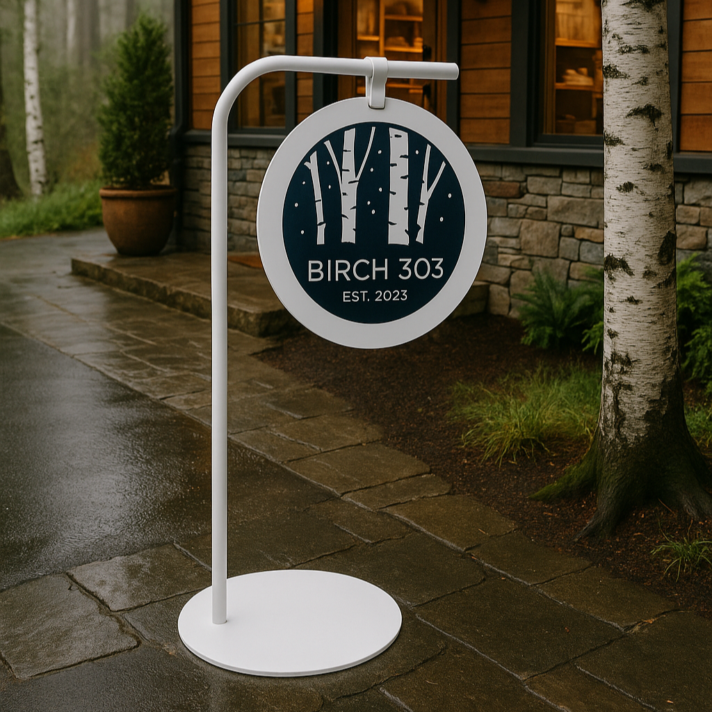 Outdoor sign for 'Birch 303' in front of a wooden building with a misty forest background.