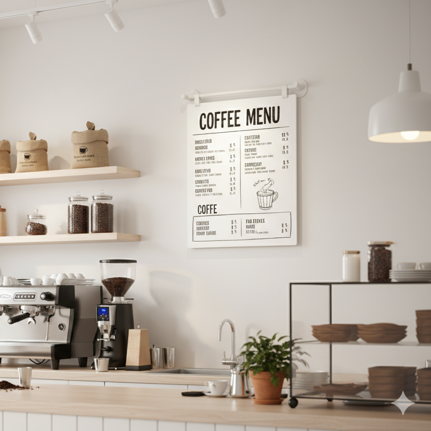 Coffee shop interior with a coffee machine, shelves, and a coffee menu on the wall.