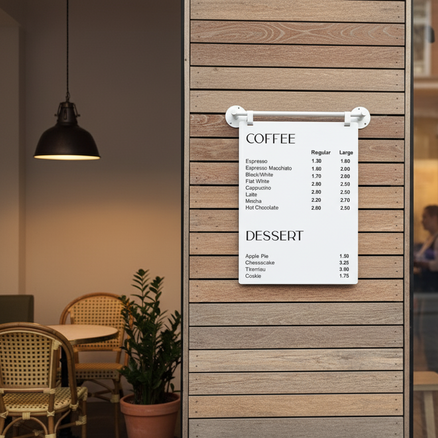 Wooden menu board with coffee and dessert prices in a restaurant setting