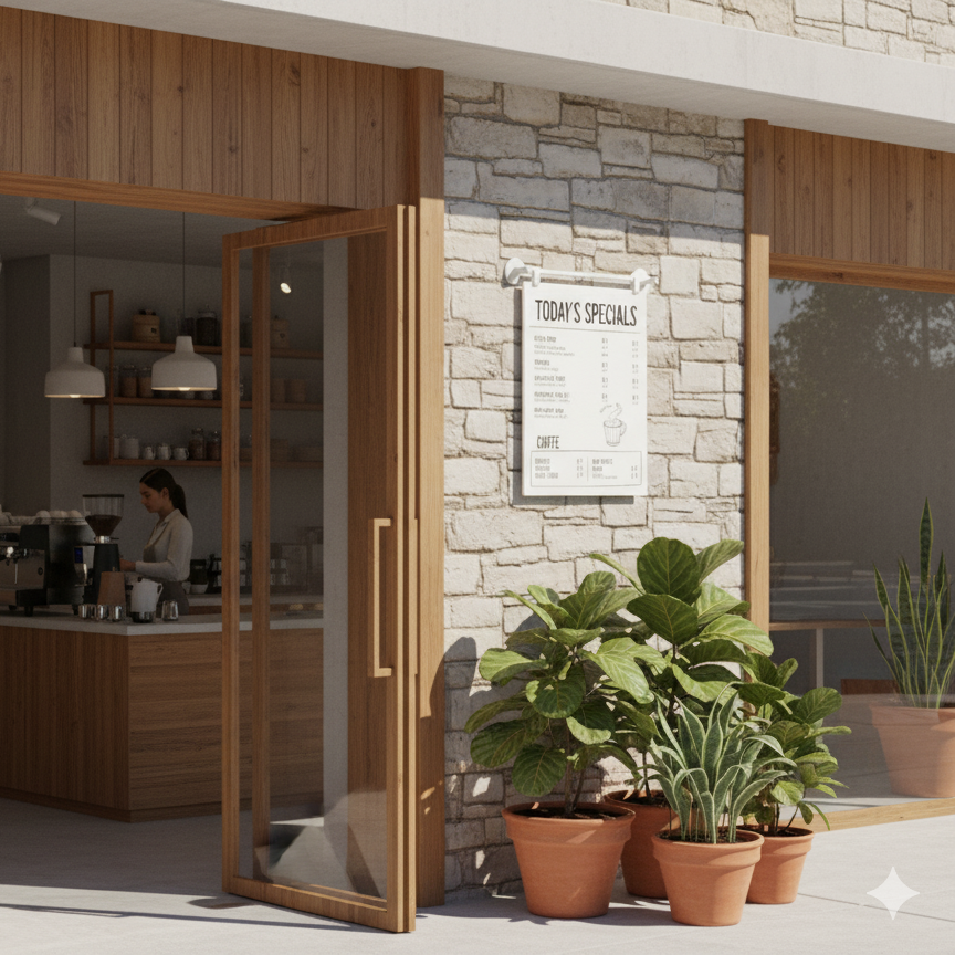 Open wooden door leading to a cafe interior with stone walls and potted plants.