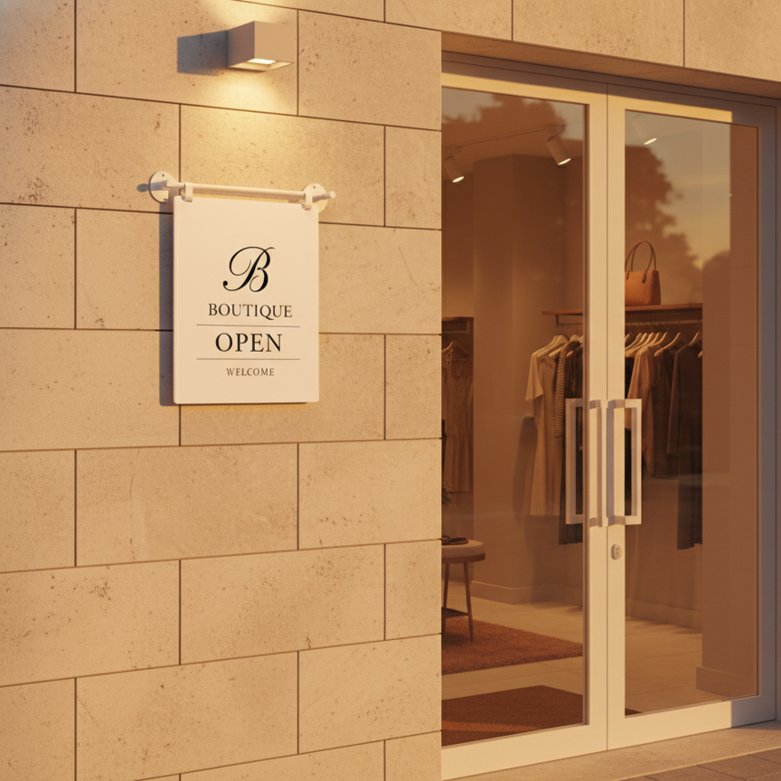 Boutique entrance with glass doors and 'Open' sign on beige tiled wall