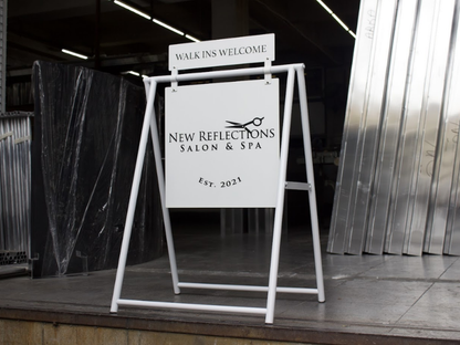 Double-sided printed or blank A-frame sidewalk sign is a perfect promotional tool for storefronts, cafes, or small businesses. Its durable and lightweight design makes it easy to transport and is ideal for displaying daily promotions or special announcements. Known as a ‘sidewalk sandwich sign’ or ‘storefront A-frame sign,’ this sign can be used both indoors and outdoors.