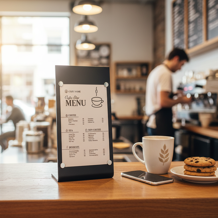 Coffee shop interior with a menu board, coffee cup, and cookies on a counter.