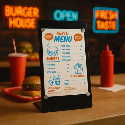 Resto menu board on a counter with neon signs in the background