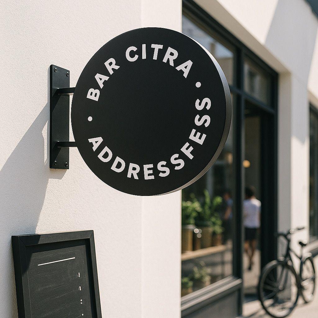 Round black sign with white text on a building exterior
