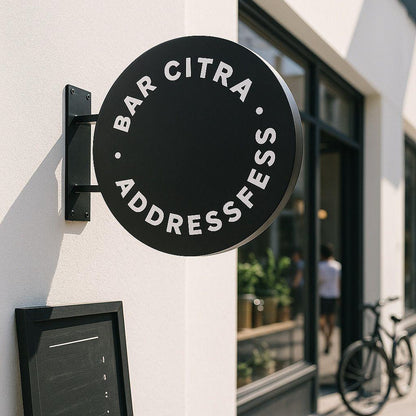Round black sign with white text on a building exterior