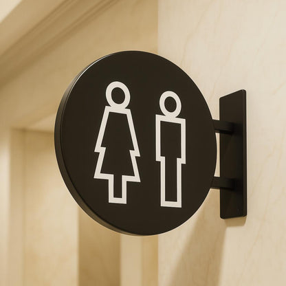 Round black sign with gender symbols on a beige wall.