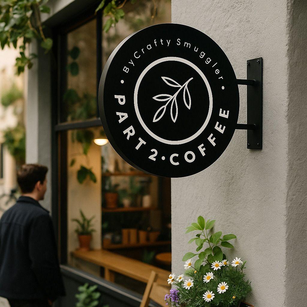 Part 2 Coffee sign on a building exterior with a person walking by.