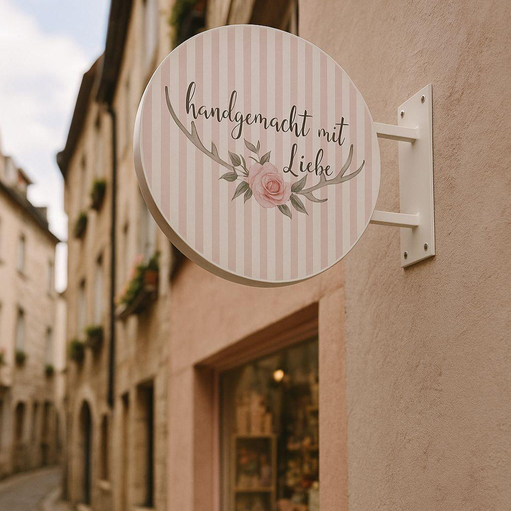 Round sign with text and floral design on a building exterior
