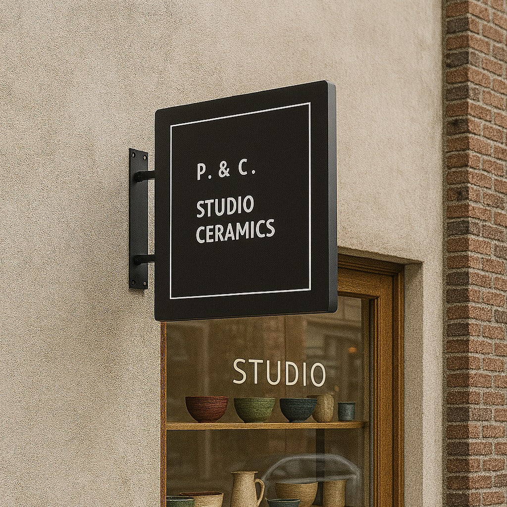 Wooden cabinet with ceramic items and a sign reading 'P. & C. Studio Ceramics' on a beige wall.