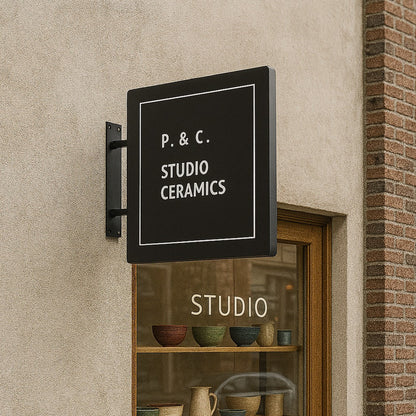 Wooden cabinet with ceramic items and a sign reading 'P. & C. Studio Ceramics' on a beige wall.