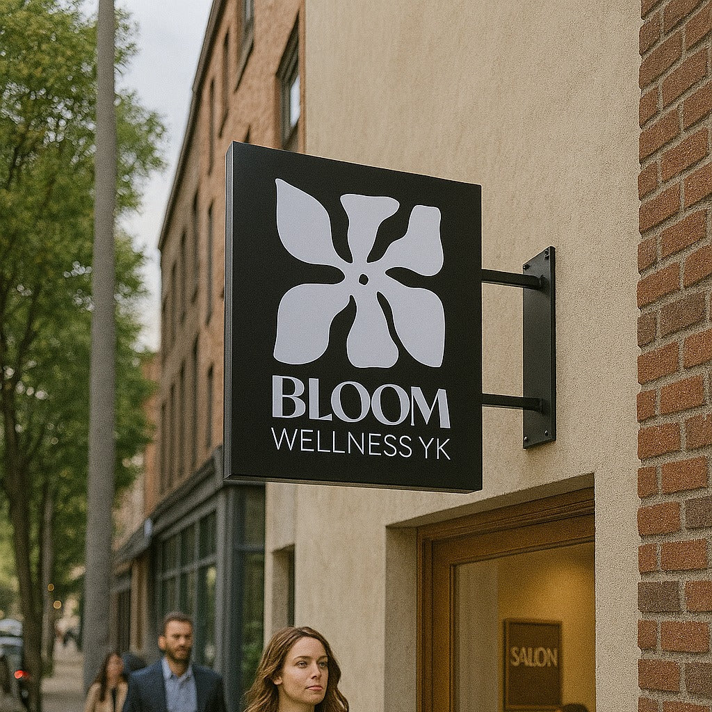 Woman walking past a building with 'Bloom Wellness YK' sign