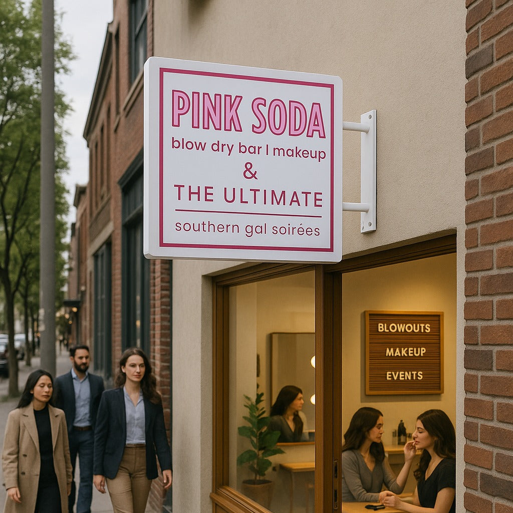 People walking past a building with 'Pink Soda' and 'The Ultimate' signs.