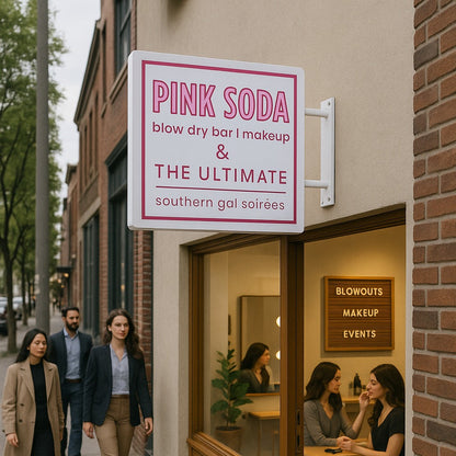 People walking past a building with 'Pink Soda' and 'The Ultimate' signs.