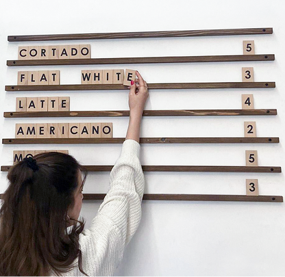 Practical and Convenient: Wooden menu rails with interchangeable letters allow you to quickly update your menu, ensuring guests always receive the latest information.

Aesthetic Appearance: Made from natural wood, these rails add a warm touch to your space and provide a stylish look.

Easy Installation: Designed for simple wall mounting, these rails can be quickly installed without any special tools.

Flexible Design: The easy interchangeability of letters enables you to effortlessly showcase variety and ch