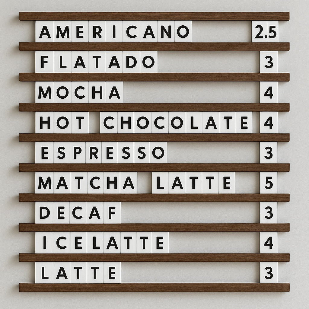 Letterboard with coffee drink options and prices on a white wall
