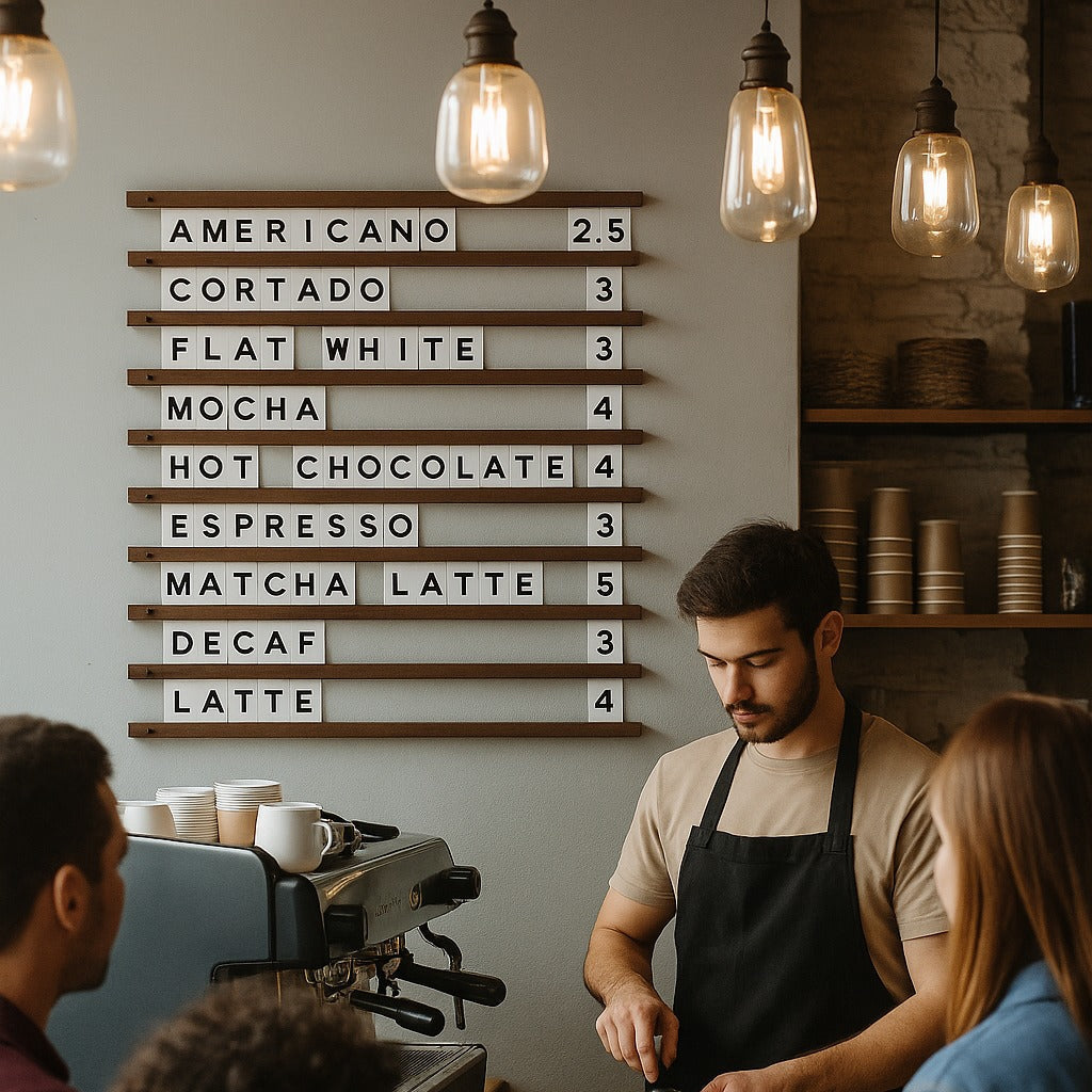 Barista preparing a coffee at a counter with a menu board in the background