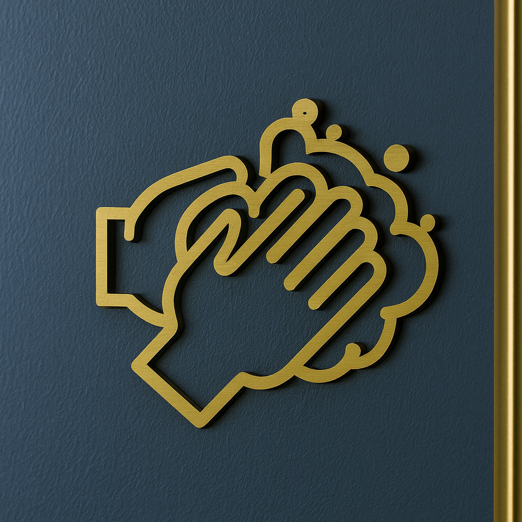 Decorative design of clasped hands on a dark blue background with gold trim.