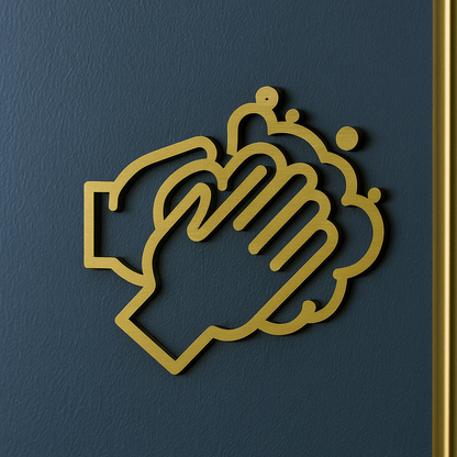 Decorative design of clasped hands on a dark blue background with gold trim.