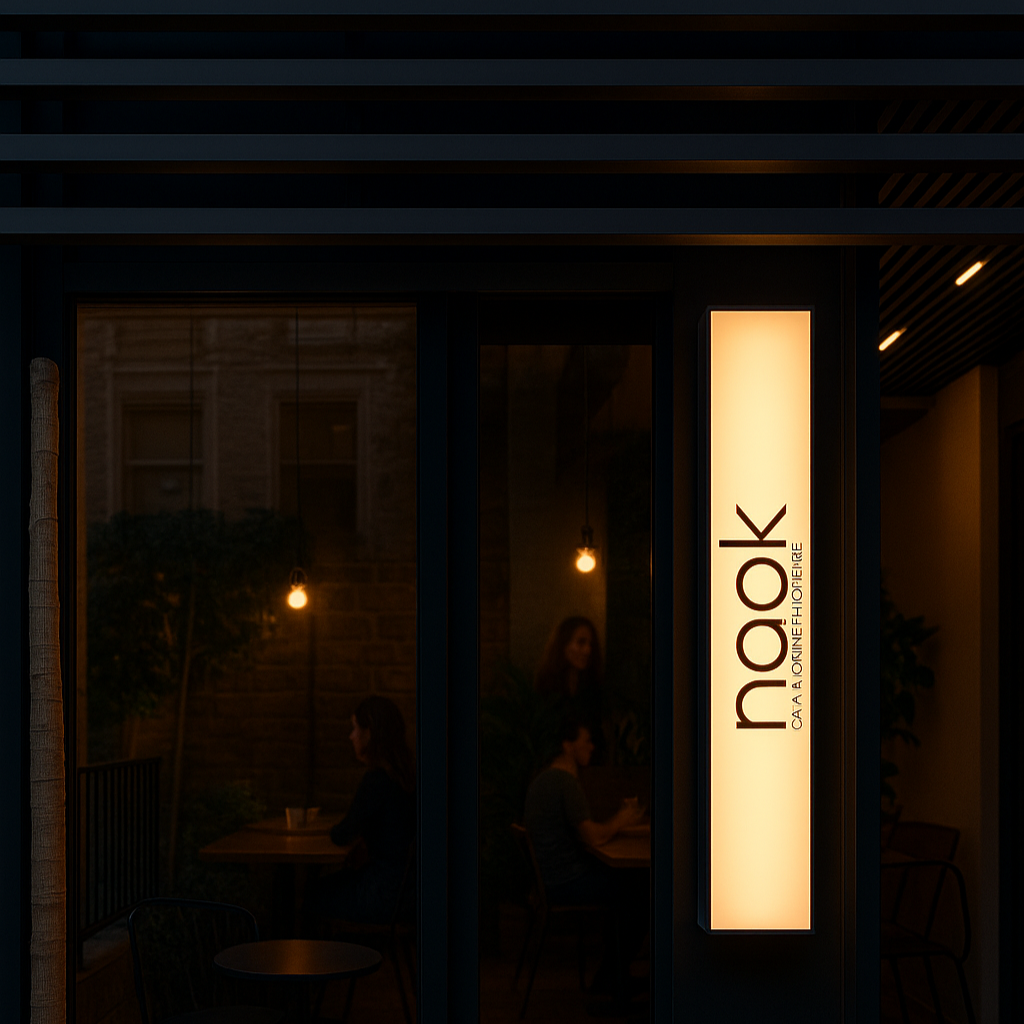 Dark exterior of a building with 'nook' illuminated sign