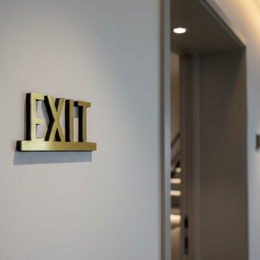 Gold 'EXIT' sign on a white wall with a blurred hallway in the background
