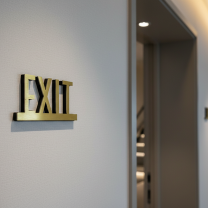 Gold 'EXIT' sign on a white wall with a blurred hallway in the background