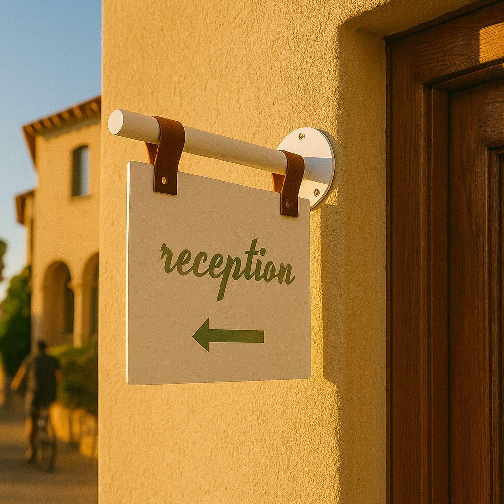 Reception sign on a yellow wall with a blurred background