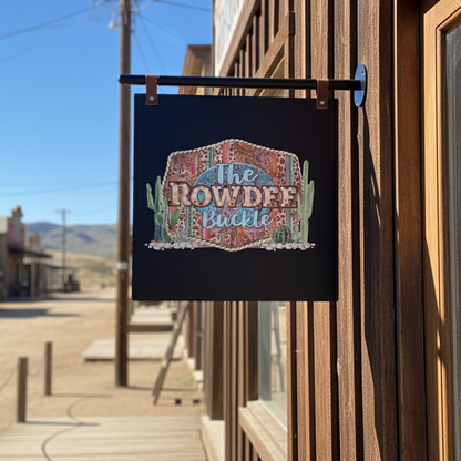Decorative sign for 'The Rowdy Buckle' on a wooden building with a western town background.