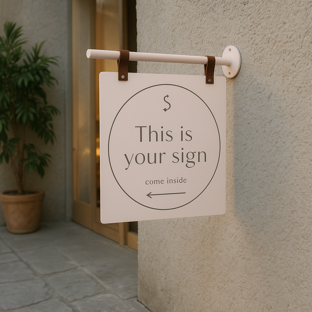 Decorative sign on a wall with text 'This is your sign come inside' next to a plant.