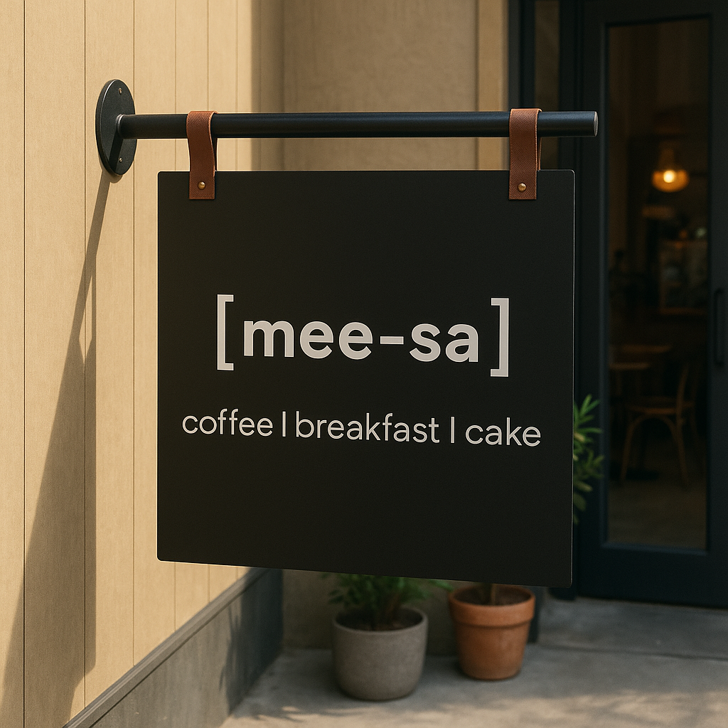 Black sign with 'mee-sa' and menu items on a wooden wall outside a café.