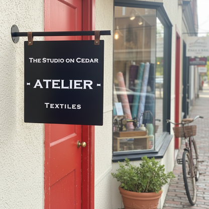 Storefront with a sign for 'The Studio on Cedar ATELIER Textiles' on a red door.