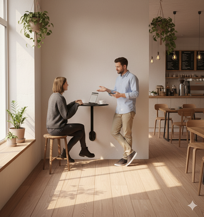 Two people interacting in a modern cafe with plants and wooden furniture.