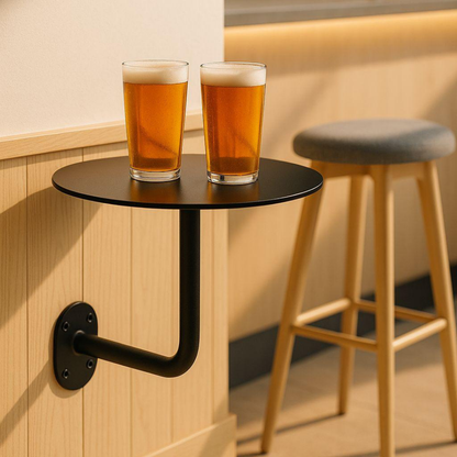 Two glasses of beer on a wall-mounted black bar table with a stool in the background.