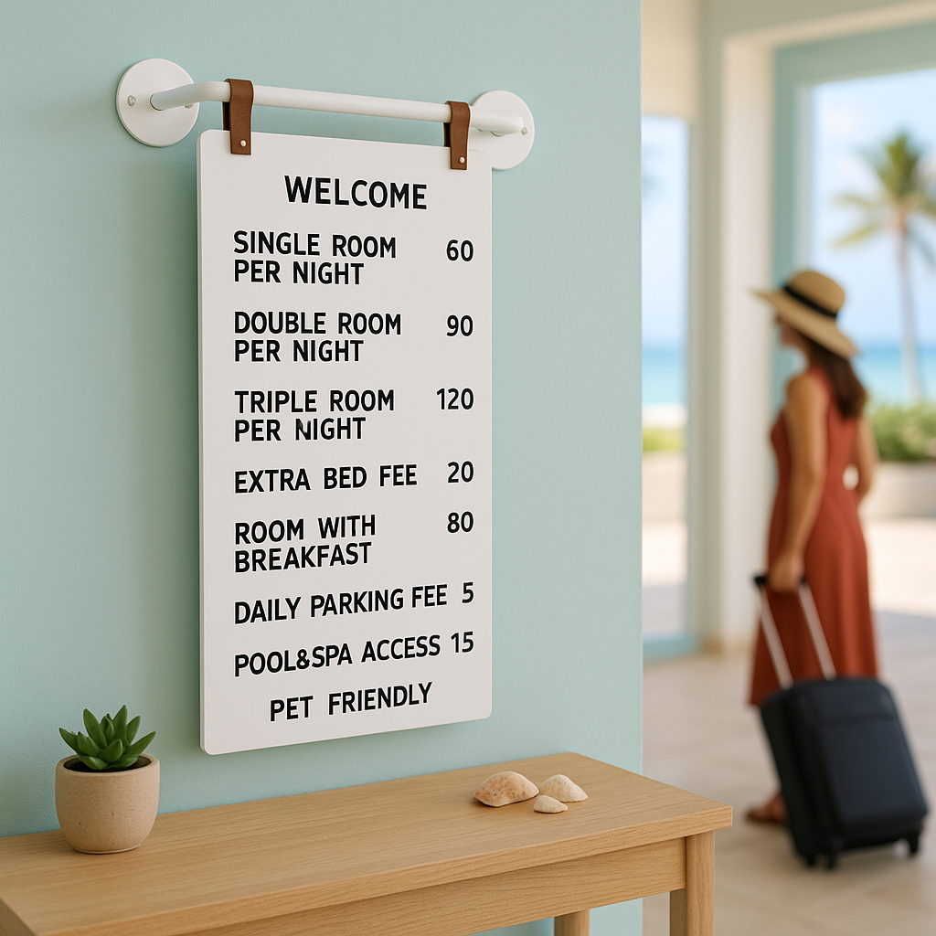 Price list sign for hotel rooms with a blurred background of a beach and a woman with a hat and suitcase.