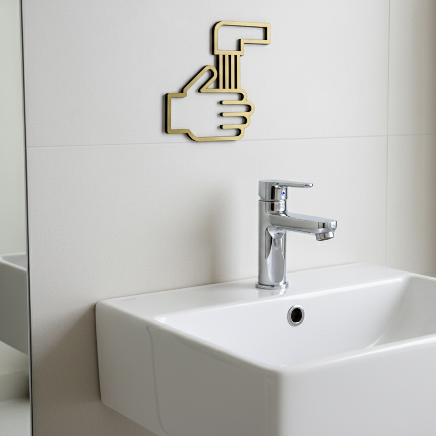 Modern bathroom sink with chrome faucet and decorative hand-shaped light fixture.