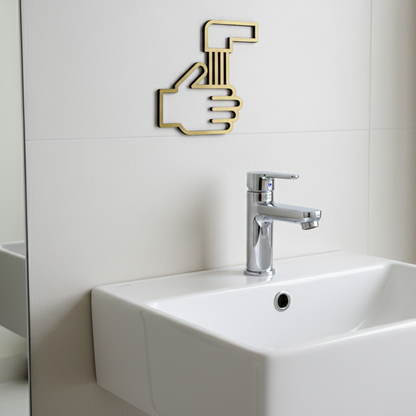 Modern bathroom sink with chrome faucet and decorative hand-shaped light fixture.