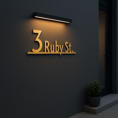 Gold street sign reading '3 Ruby St.' on a dark wall with a light fixture above.