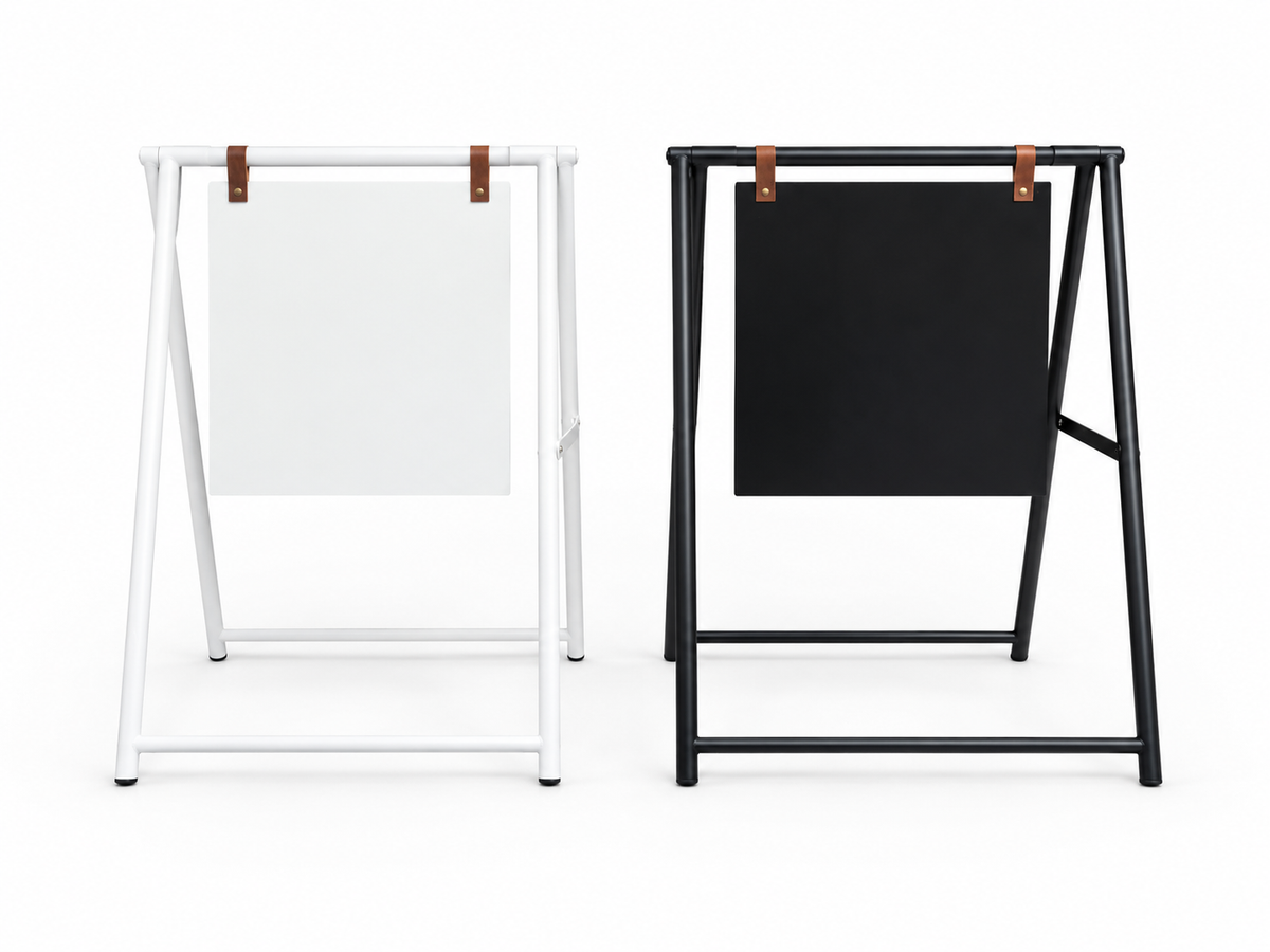 Black and white blank A-frame sidewalk signs shown side by side