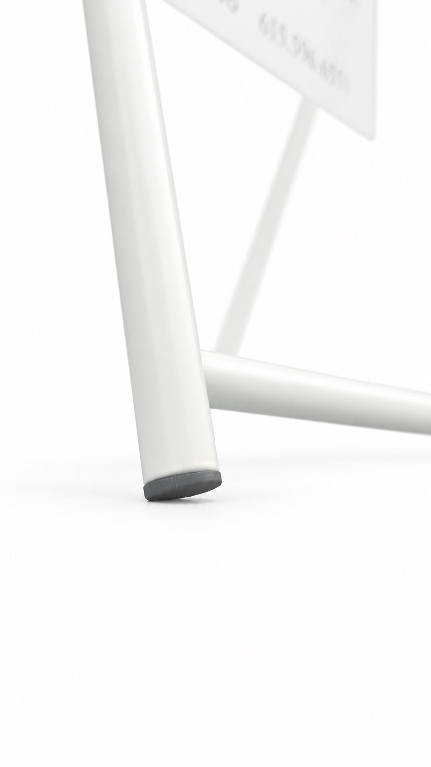 Close-up of the protective non-slip foot on the white A-frame sidewalk sign