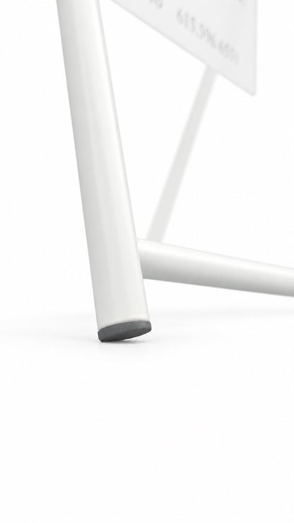 Close-up of the protective non-slip foot on the white A-frame sidewalk sign