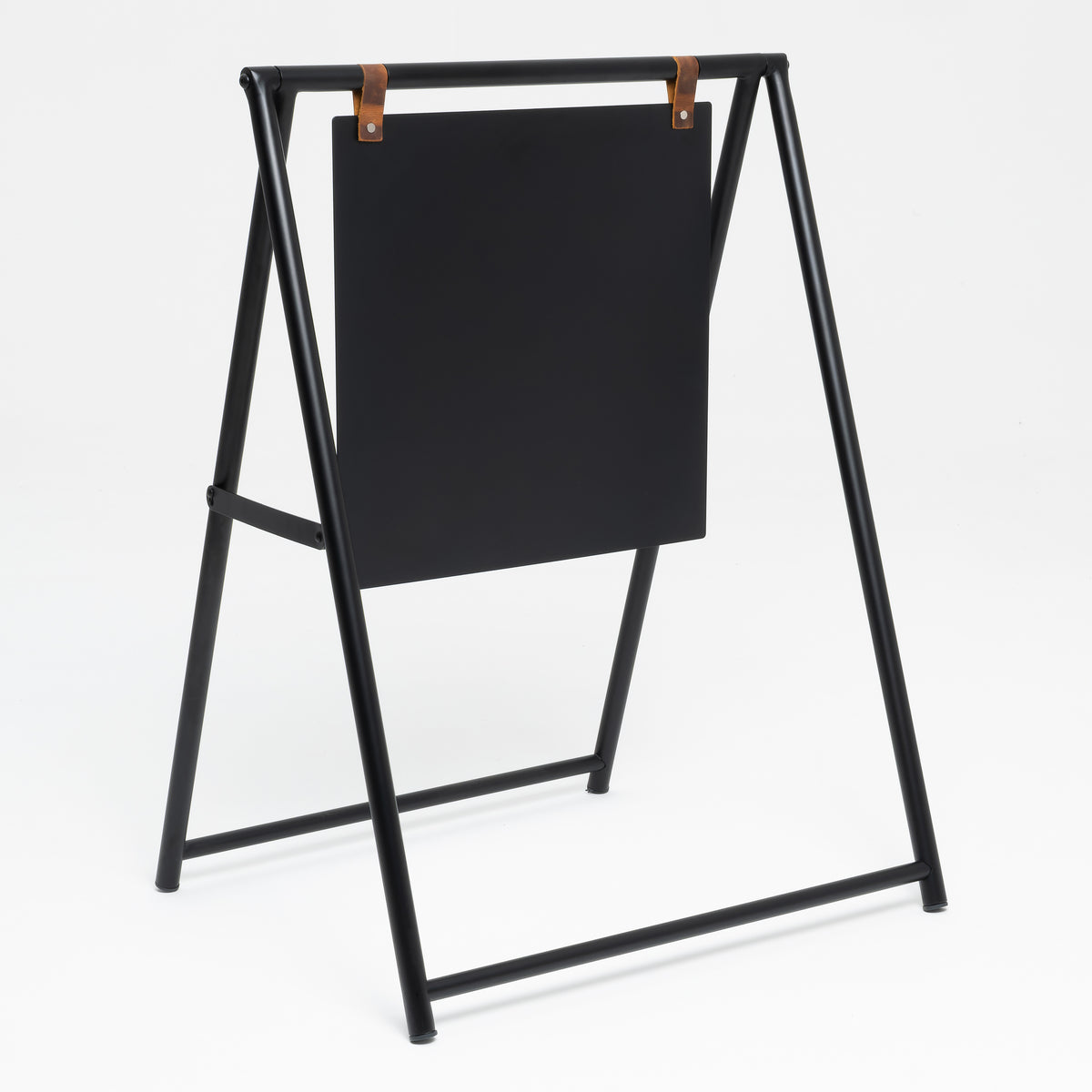 Unprinted black A-frame sidewalk sign, angled view of foldable frame