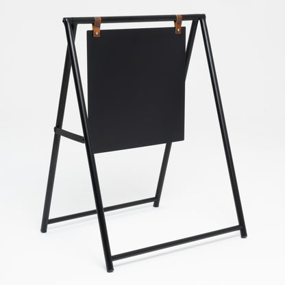 Unprinted black A-frame sidewalk sign, angled view of foldable frame