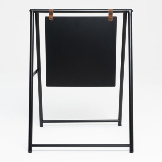 Unprinted black A-frame sidewalk sign, front view with leather panel straps