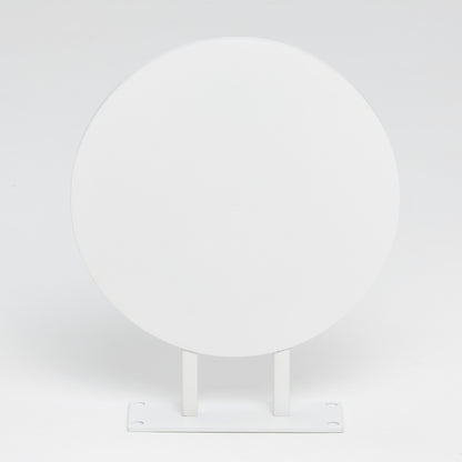Front view of blank white round blade sign with twin supports