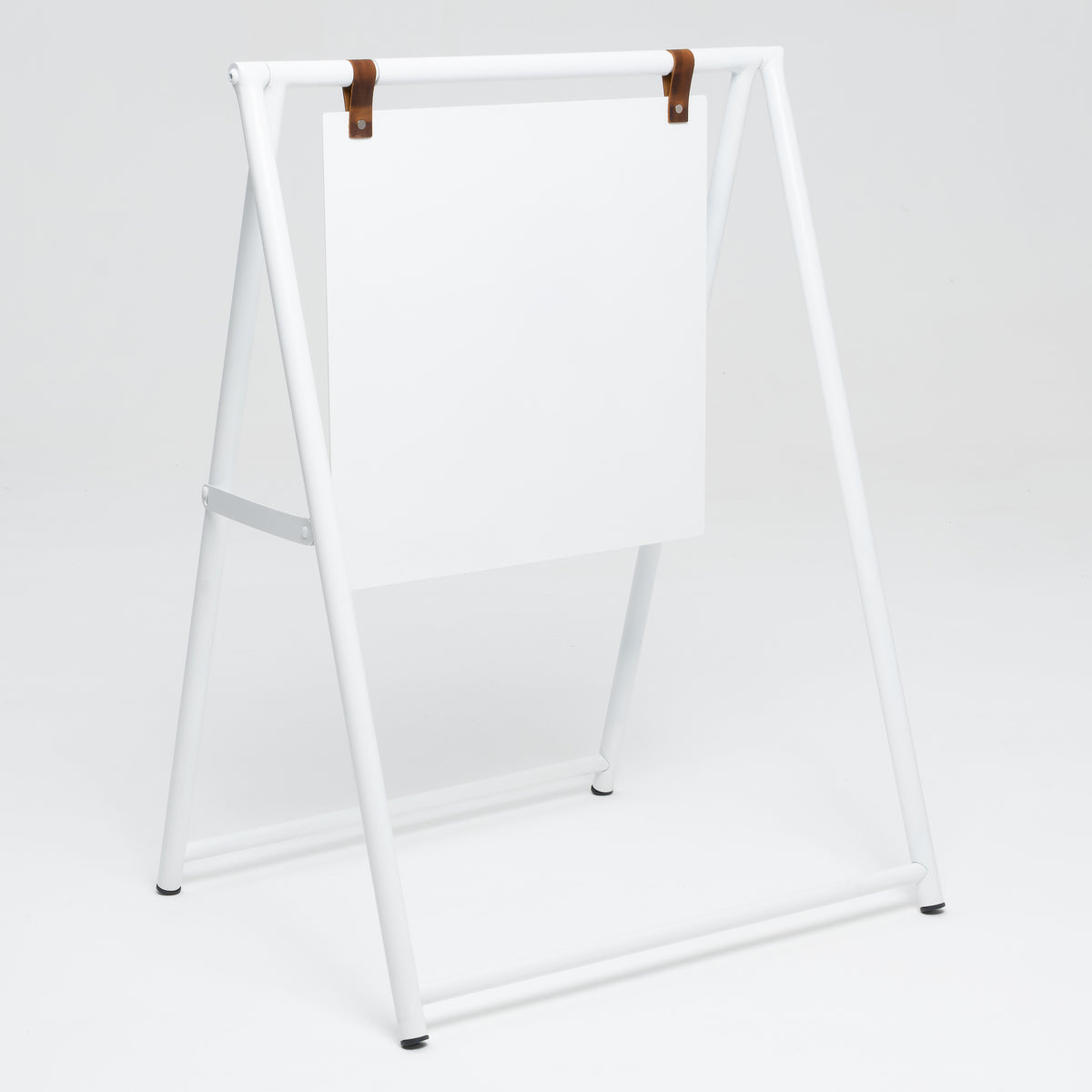 Unprinted white A-frame sidewalk sign, angled view of foldable frame